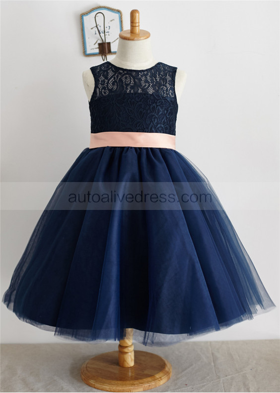 Navy Blue Lace Tulle Keyhole Back Knee Length Flower Girl Dress Navy Blue Lace Tulle Keyhole Back Knee Length Flower Girl Dress